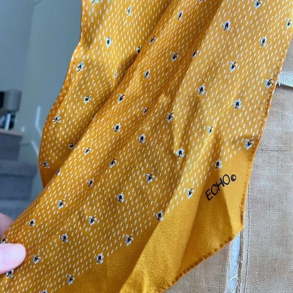 Vintage ECHO Oblong 100% Silk Scarf in Golden Color with Tiny Flower Details